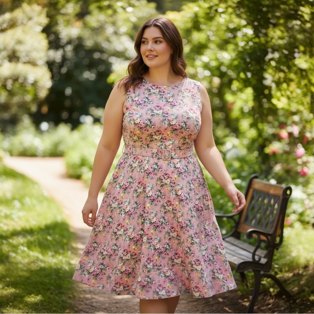 Lindy Bop Tea Party Pink Floral Dress Size 16 Belted Pockets Retro Trad Wife New